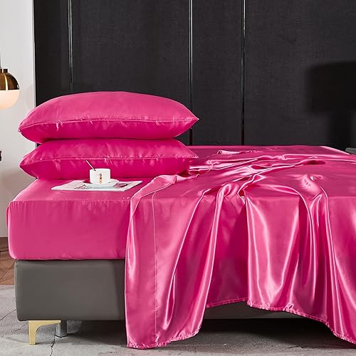 Miniatura 4 de Juego de sábanas de satén tamaño individual, sábanas de seda rosa intenso, juego de sábanas sedosas de lujo con 1 sábana bajera de bolsillo