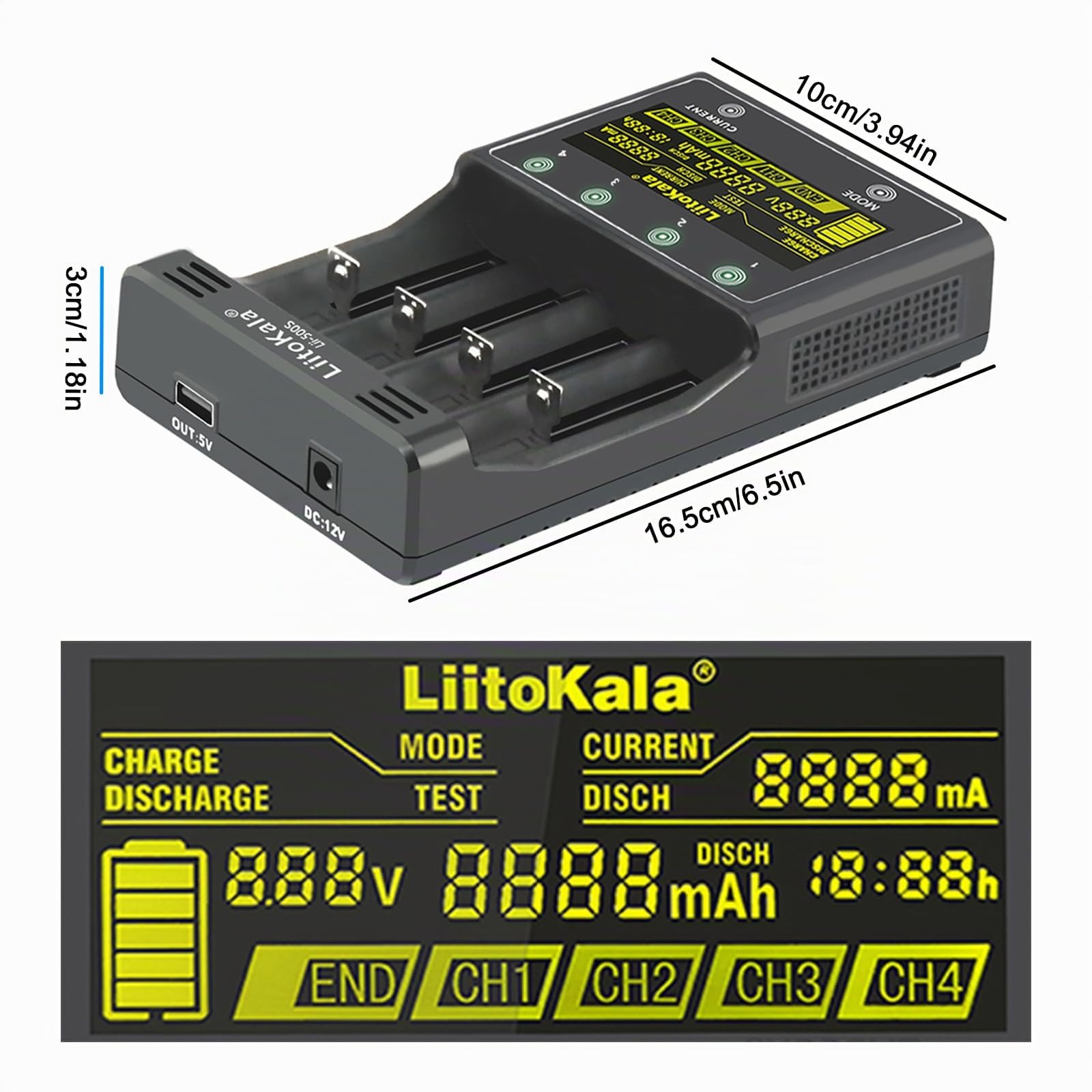 LiitoKala Lii-500S 18650 Chargeur de batterie rapide avec écran LCD Contrôle tactile Chargeur de batterie AA 4 emplacements avec adaptateur 12 V 3 A pour 10400 21700 Li-lion AA AAA Ni-MH Ni-CD