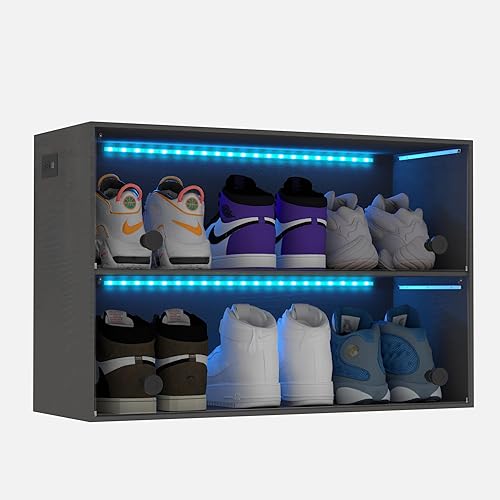Almacenamiento de zapatos con luces LED para hasta 6 pares de zapatos, color negro, elegante zapatero con puerta de vidrio acrílico, cajas de