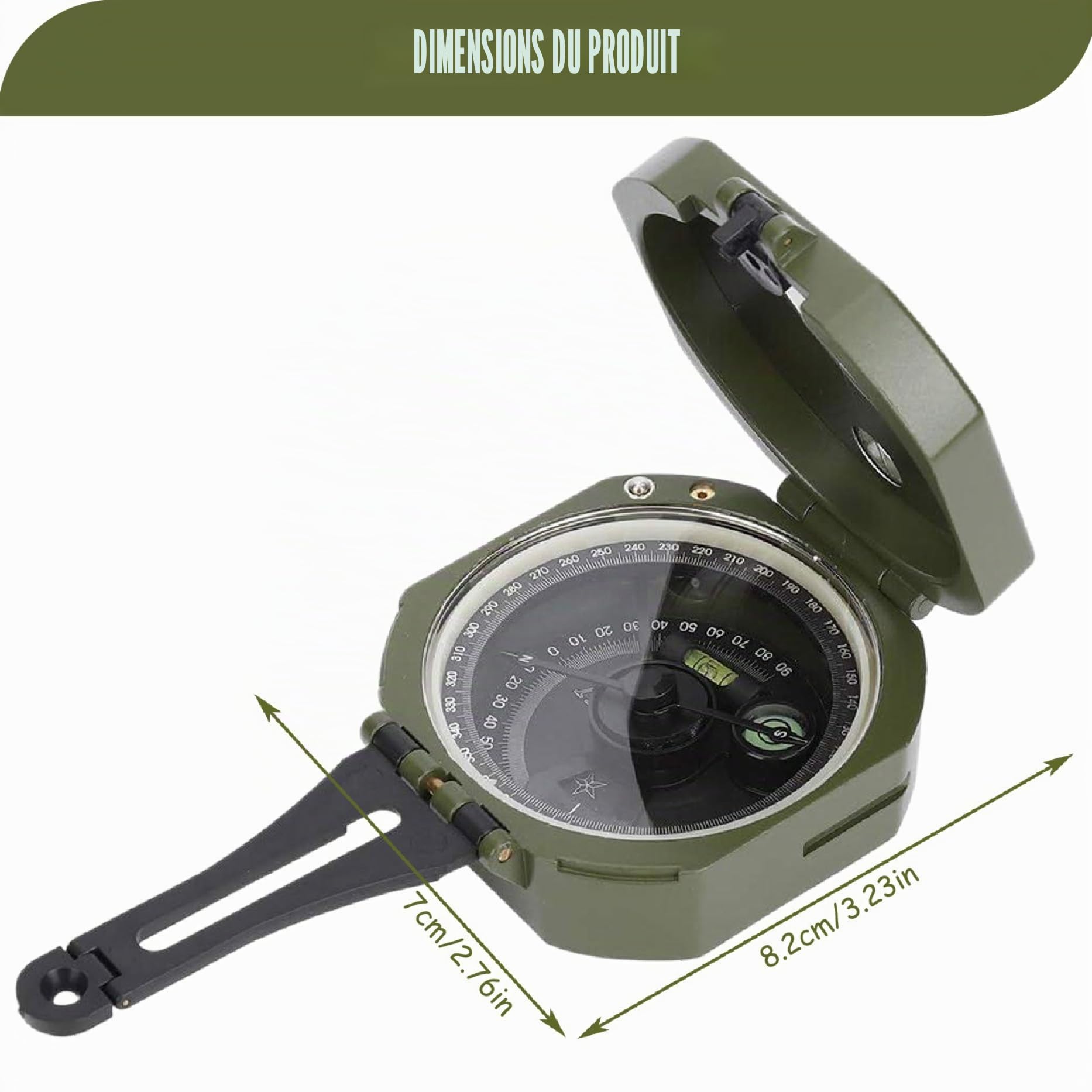 Boussole Militaire Haute Précision - Compas Multifonction Géologique Résistant à l'eau et aux Chocs, Idéal pour Activités de Plein Air, Couleur Vert Armée
