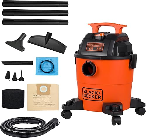 BLACK+DECKER Aspiradora para tienda húmeda y seca, aspiradora portátil 3 en 1 de 4 galones con accesorios, taller, garaje, aspiradora para el hogar