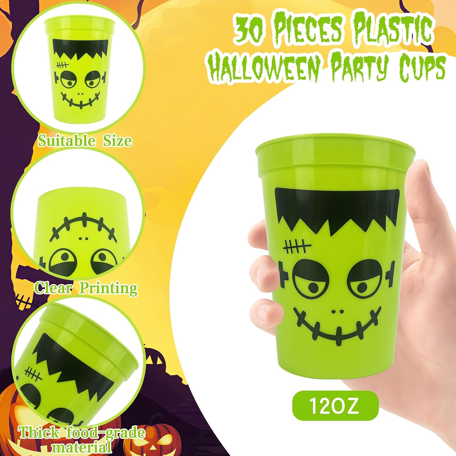 30Pcs Halloween Party Plastic Cups 12Oz Reusable,Halloween Plastic Cups Funny Cartoon Expression Reusable Cup for Family Dinner Supplies