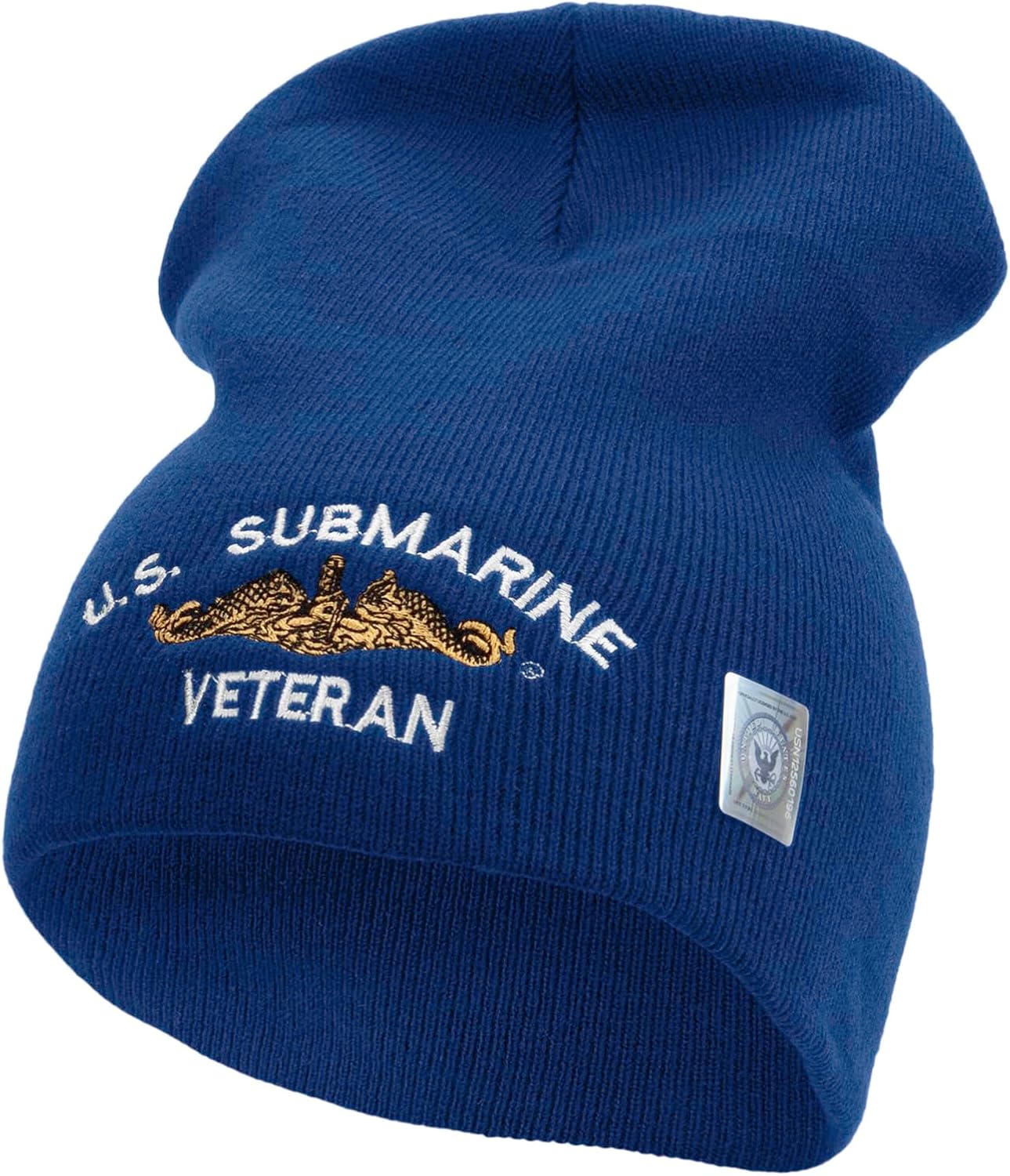 Made in USA Golden Dolphin US Submarine Veteran Symbol Embroidered 8 Inch Solid Knit Short Beanie