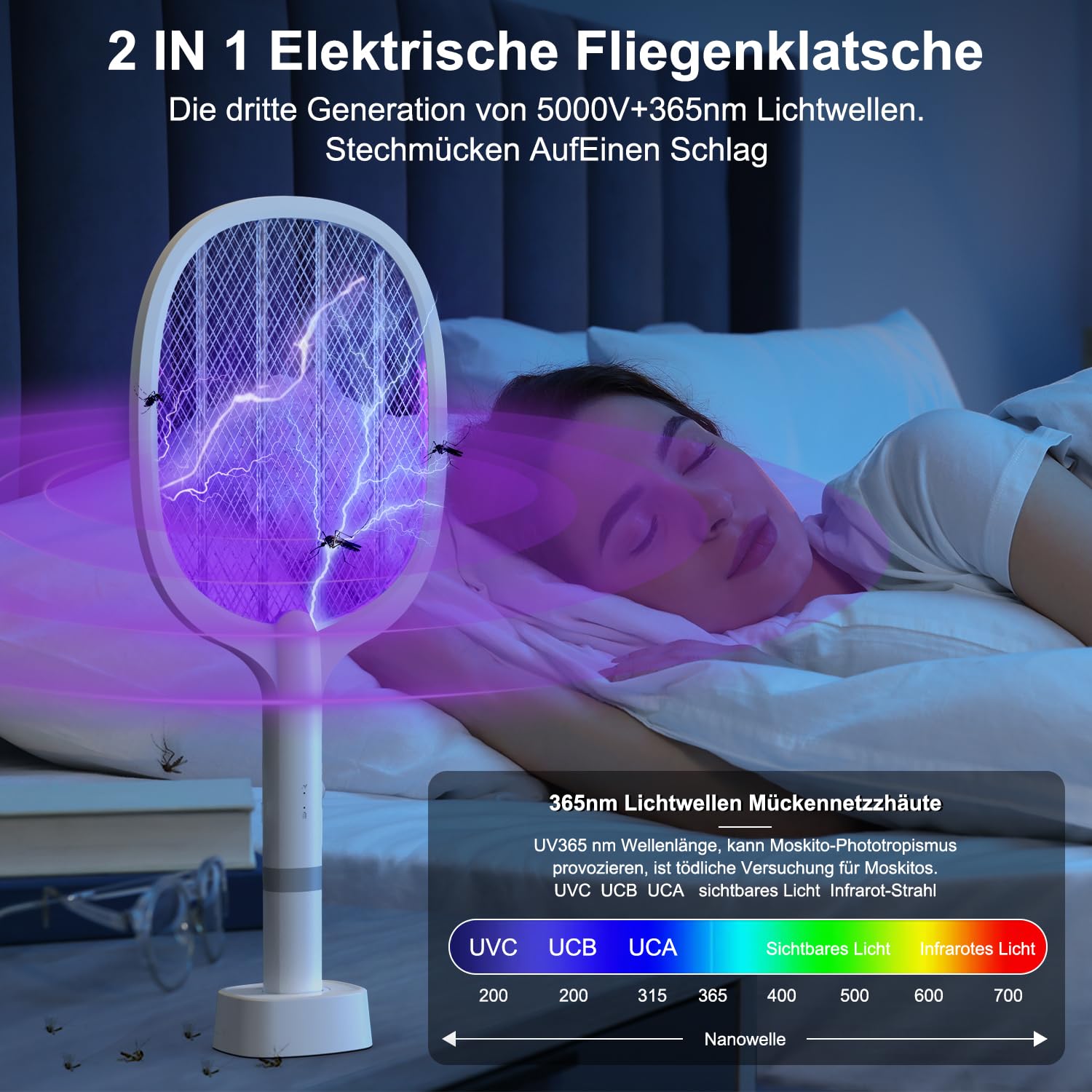 Electric Fly Swatter Racchetta Zanzare Elettrica 5000V 1800mAh con USB Ricaricabile e LED 2 in 1 con Base Recargable, LED Trappola per Zanzare para Uso en Interiores y al Aire Libre (3 pezzi)