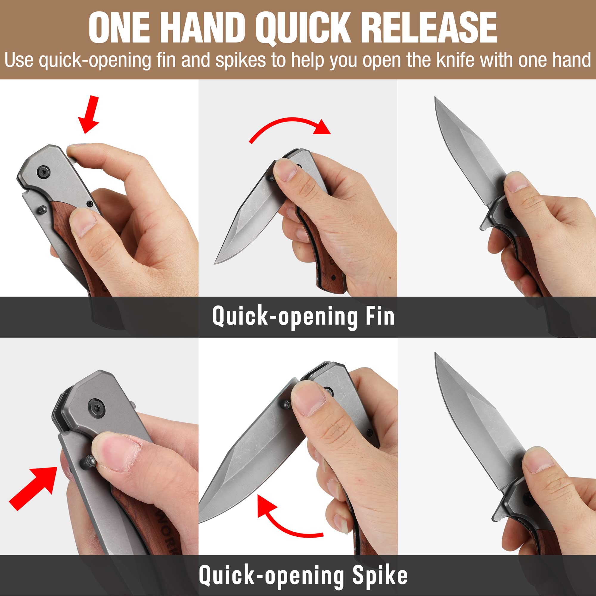 WORKPRO Cúter Plegable y Cuchillo Plegable con Mango Madera, Cuchillo Plegable de Cambio Rápido, con Clip para Cinturón, con 10 Cuchillas SK5, Navaja Plegable para Camping | Cuchillo Plegable de Cambio Rápido con Clip para Cinturón, Incluye 10 Cuchillas S