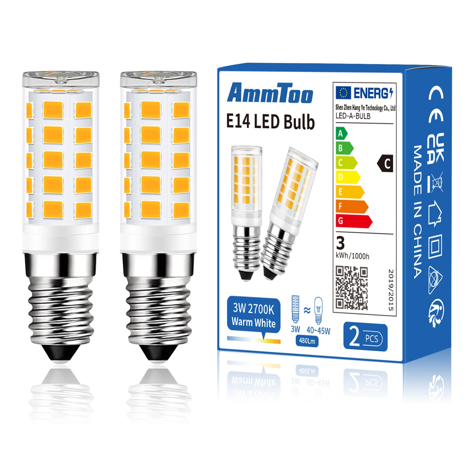 AmmToo E14 LED Lampe warmweiß 2700K, 480 Lumen LED Leuchtmittel 3W entspricht 40W-45W Halogenlampe, Glühbirne, kein Flackern, nicht dimmbar, Enegiesparende kleine Birne (2 Stück Warmweiss)