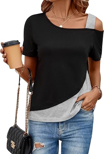 ZASFOU Womens Tops Asymmetrical Cold Shoulder Short Sleeve Blouses Summer Casual Loose Fit Tunics T Shirts for Women