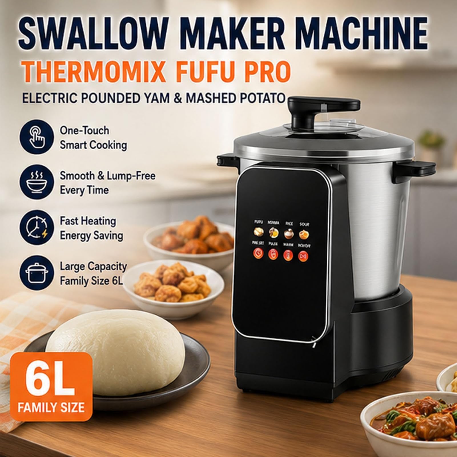 Nieprzywierająca elektryczna maszyna do fufu, 6 l, ze stali nierdzewnej, kuchenka z ekranem dotykowym LED, łatwe czyszczenie, do Amali, Banku, Ugali i semoliny