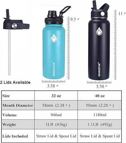 Miniatura 3 de Sendestar Botella de agua de acero inoxidable de 12 onzas, 24 onzas, 32 onzas, 40 onzas o 64 onzas, con una tapa con popote o boquilla, mantiene los