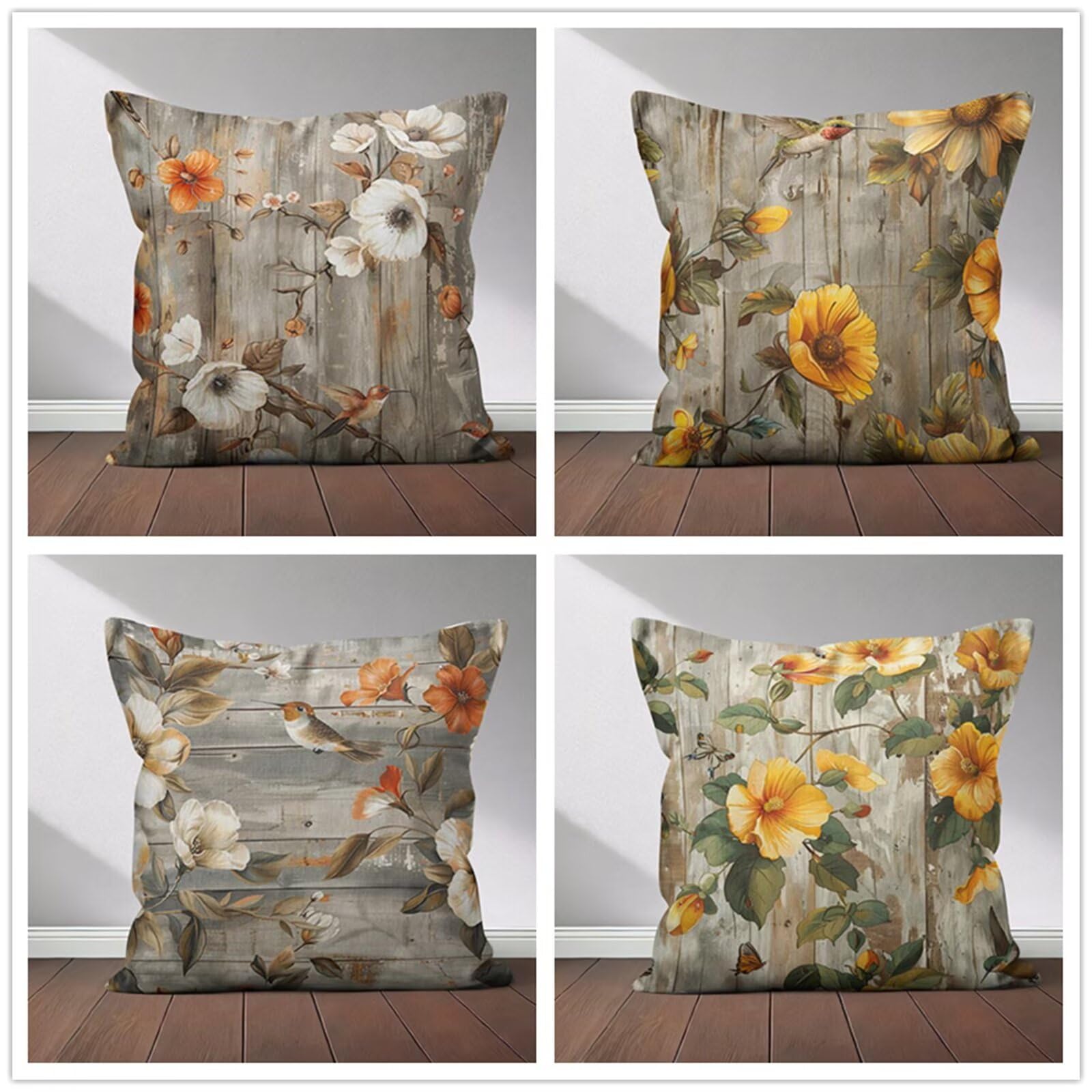 Heaen Outdoor Cushions Covers Waterproof 35x35 cm Set of 4 Square Linen Pillow Cases Vintage Flowers Birds Decorative Dushions for Sofa Porch Patio Home Decor