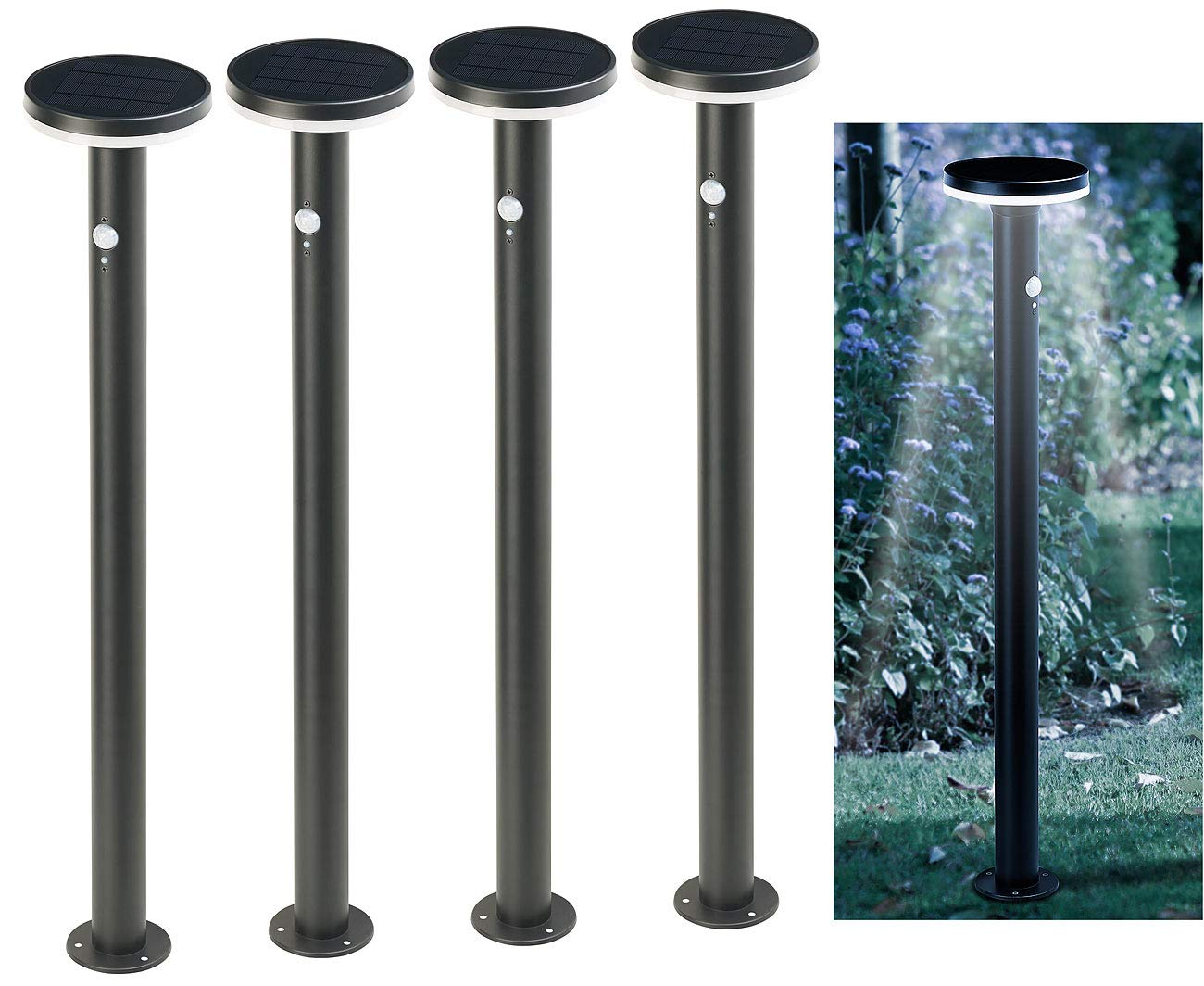 Lunartec Garten-Solarleuchte LED: 4er-Set Premium-LED-Solar-Wegeleuchte, PIR-Sensor, Nachtlicht, 600 lm (Autarke Solarleuchten, Solar-Wegleuchte, Laterne)