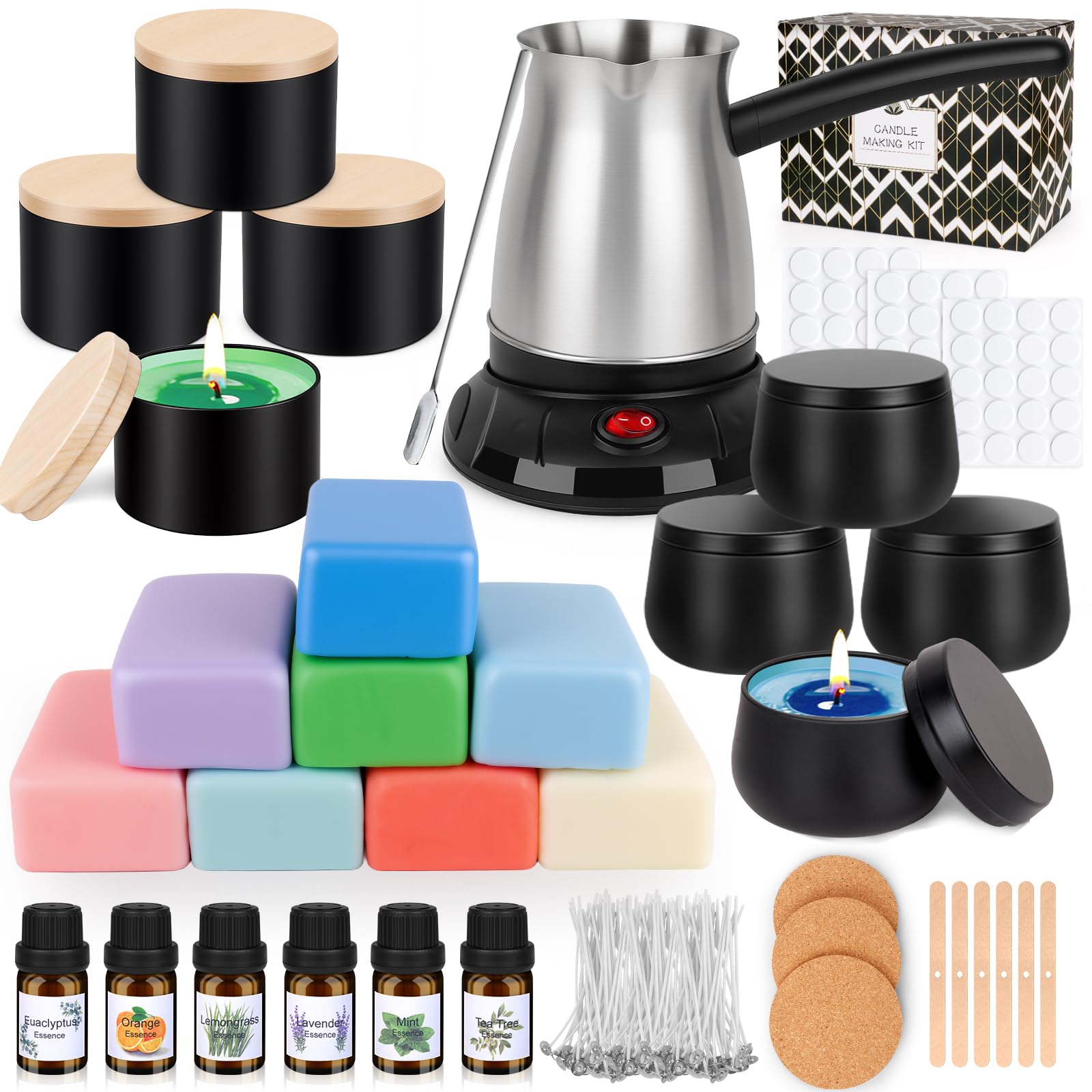 Kit de fabrication de bougies faites maison, Chauffe-cire électrique, 480g de cire de soja naturelle, Kit de fabrication de bougies pour adultes avec moules à bougies, huile parfumée, mèches de bougie