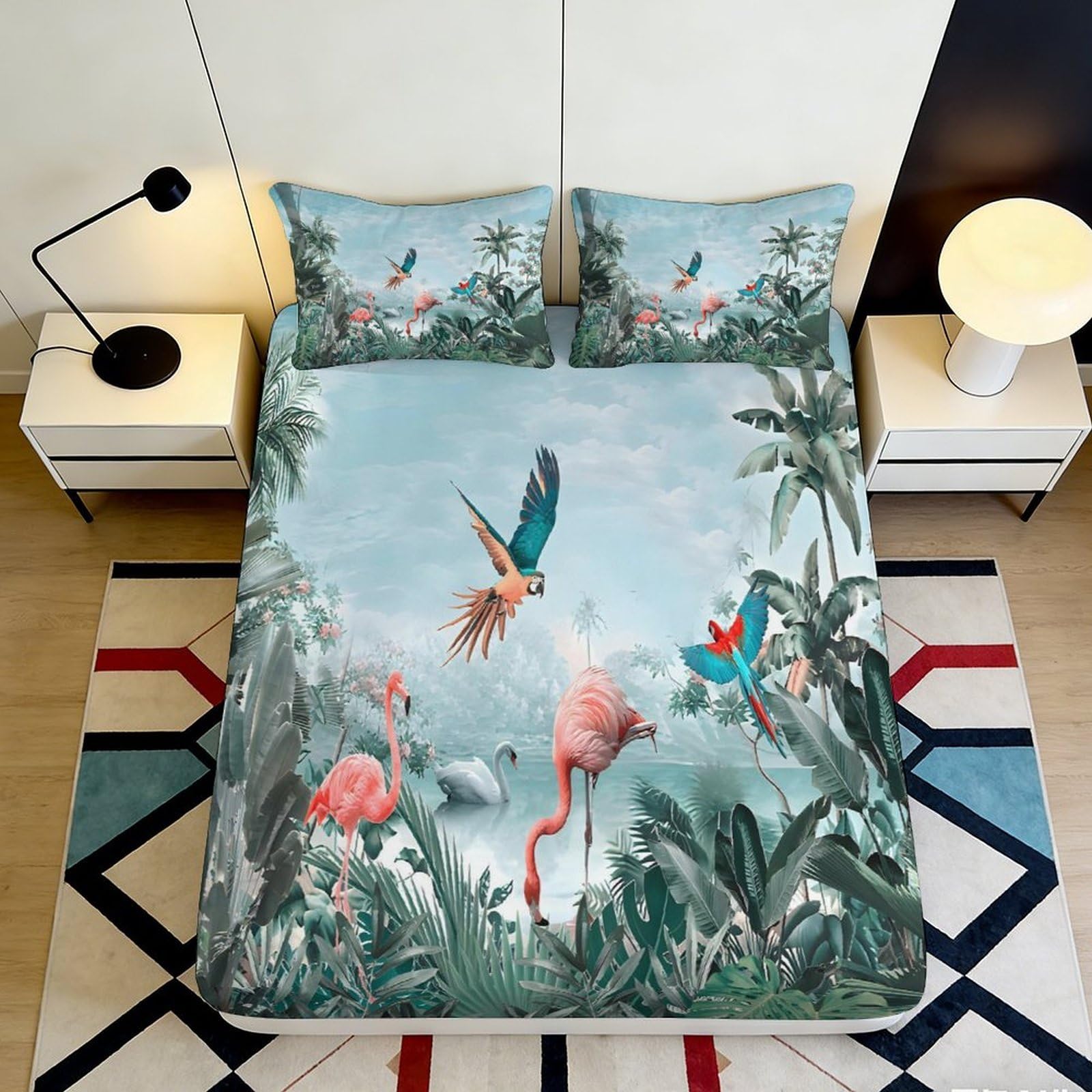 3D Printed Tropical Flamingo Fitted Sheet Microfiber Soft Parrot Lake Mattress Cover for Bedroom Guest Room Easy Care 90x200x25cm