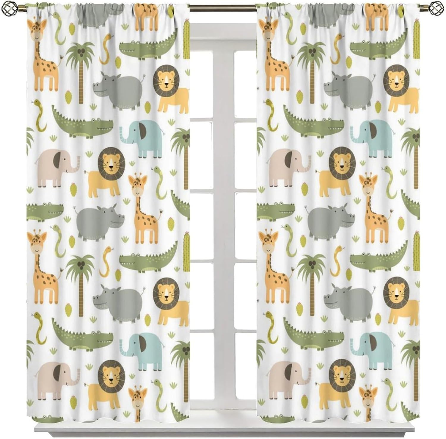 Nursery Safari Animals Blackout Curtains,Woodland Jungle Lion Giraffe Cartoon Watercolor Animals Pattern 2 Panel Rod Pocket Window Drapes for Kids Boy Bedroom Decor 42" W X 84" L