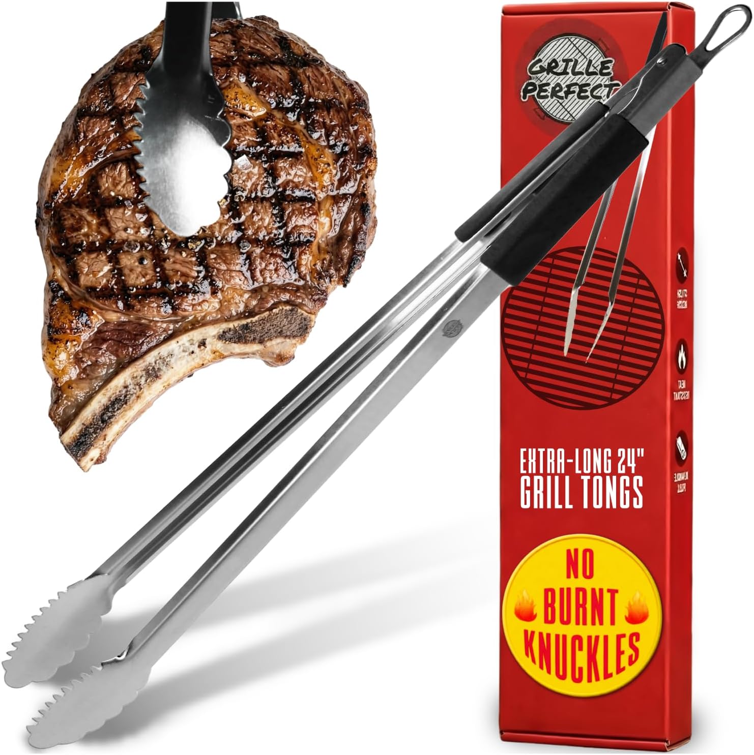GrillePerfect 24-Inch Extra Long BBQ Grill Tongs - Heavy Duty Stainless Steel, Heat-Resistant Non-Slip Grips for Safe Grilling