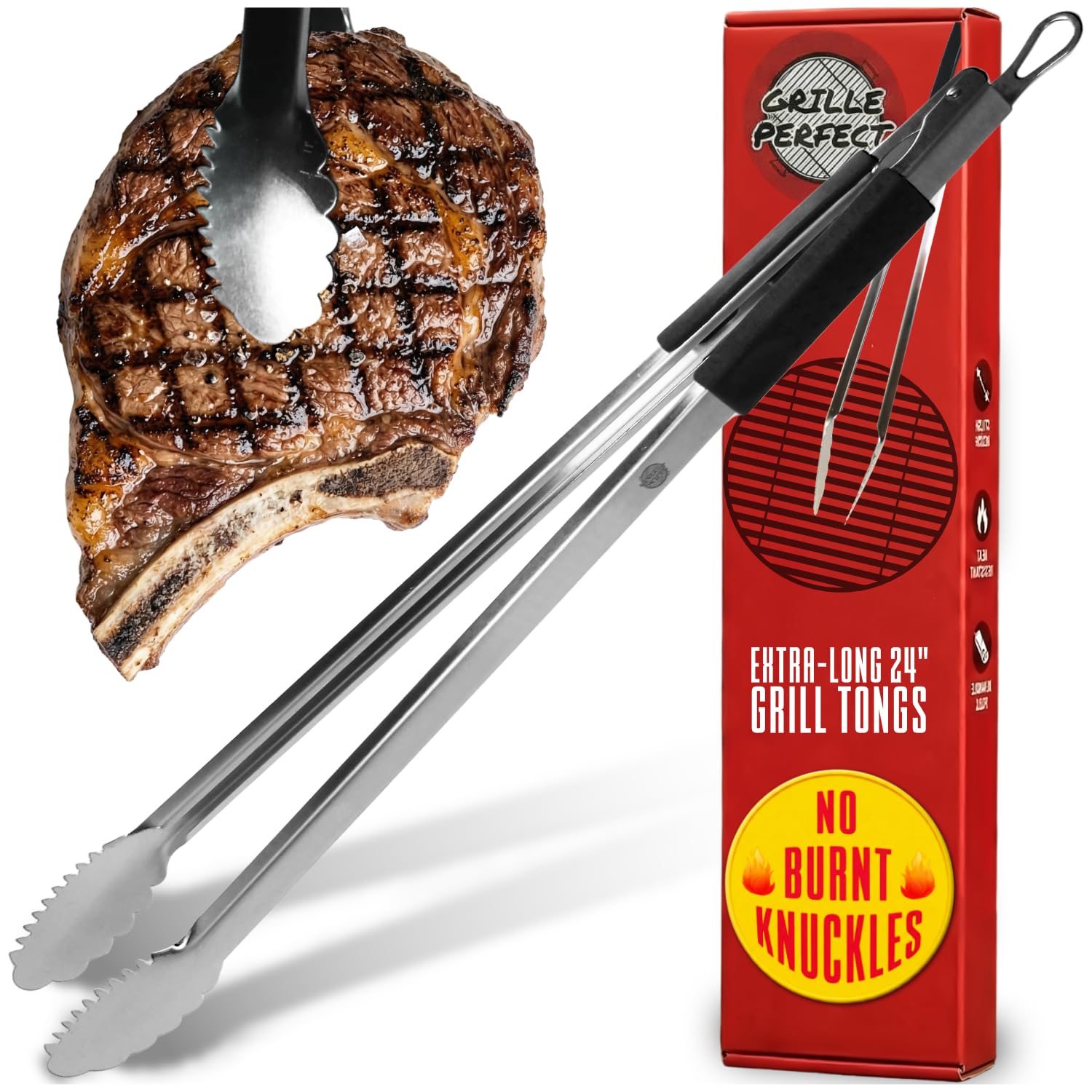 Grill Tongs 24-Inch Super Long Extra Heavy Duty for Grilling and Barbecue Heat Resistant Hand Grips Stainless Steel for BBQ Outdoor Kitchen and Cooking Hot Grilled Food
