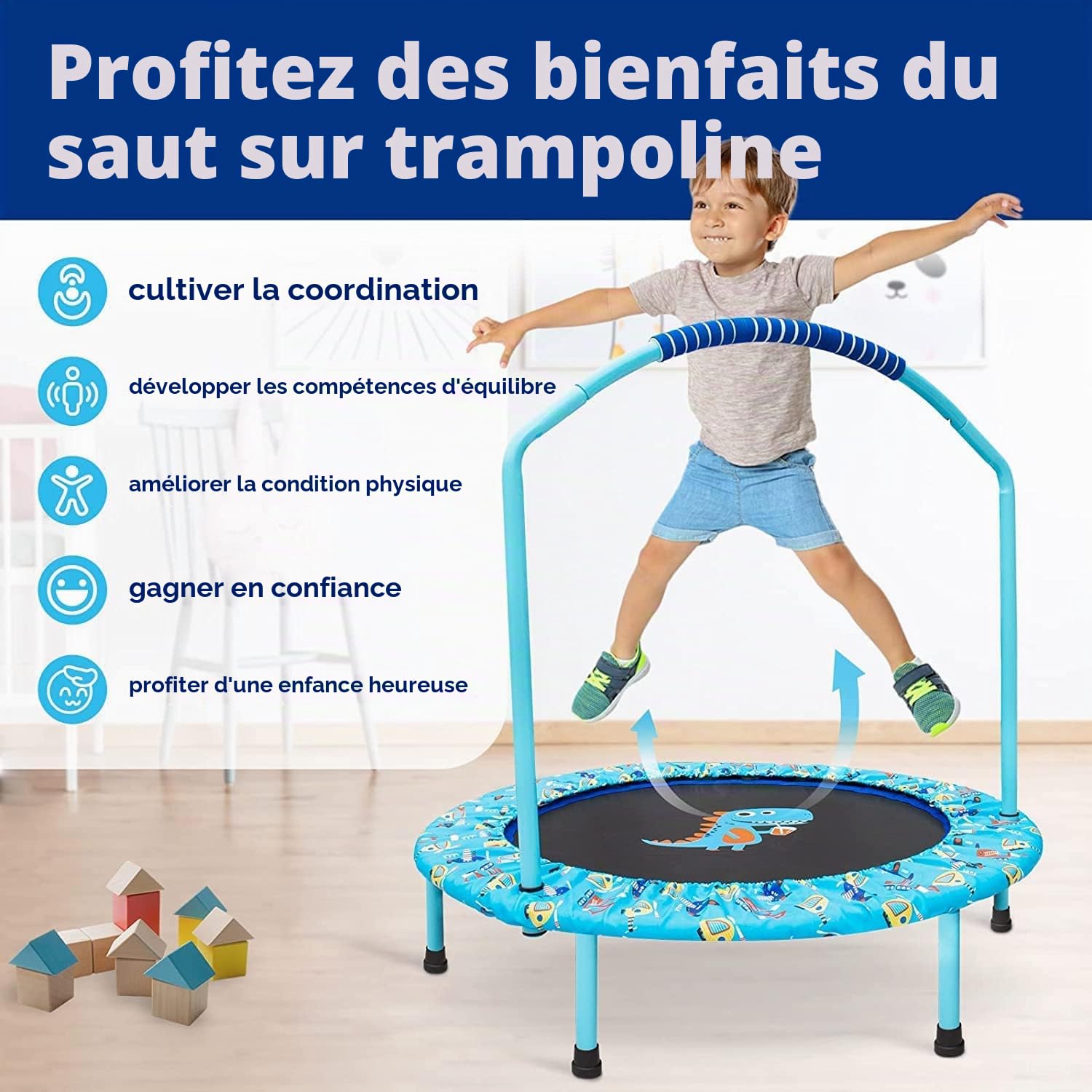 '38'' Trampoline for Kid Noise-Free Trampolines with Adjustable Foam Handle and Safety Padded Cover Foldable Toddler Bouncer Indoor & Outdoor Bungee Rebounder Trampoline for Child Play and Exercise'