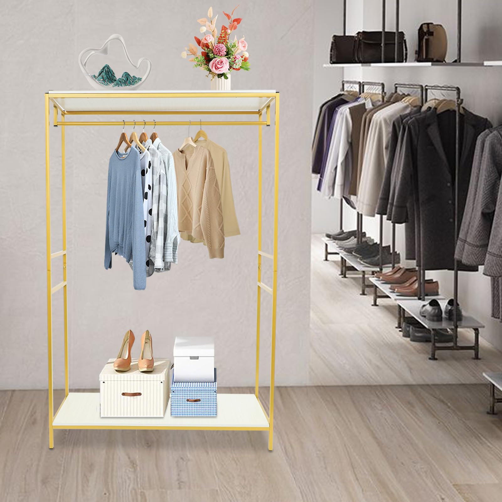 Freistehend Kleiderständer, Gold Garderobenständer, 120x45x190cm | Rechteckig Klamotten Ständer bis 5KG, Metall Kleidung Schiene für Waschküche, Wohnzimmer, Geschäften