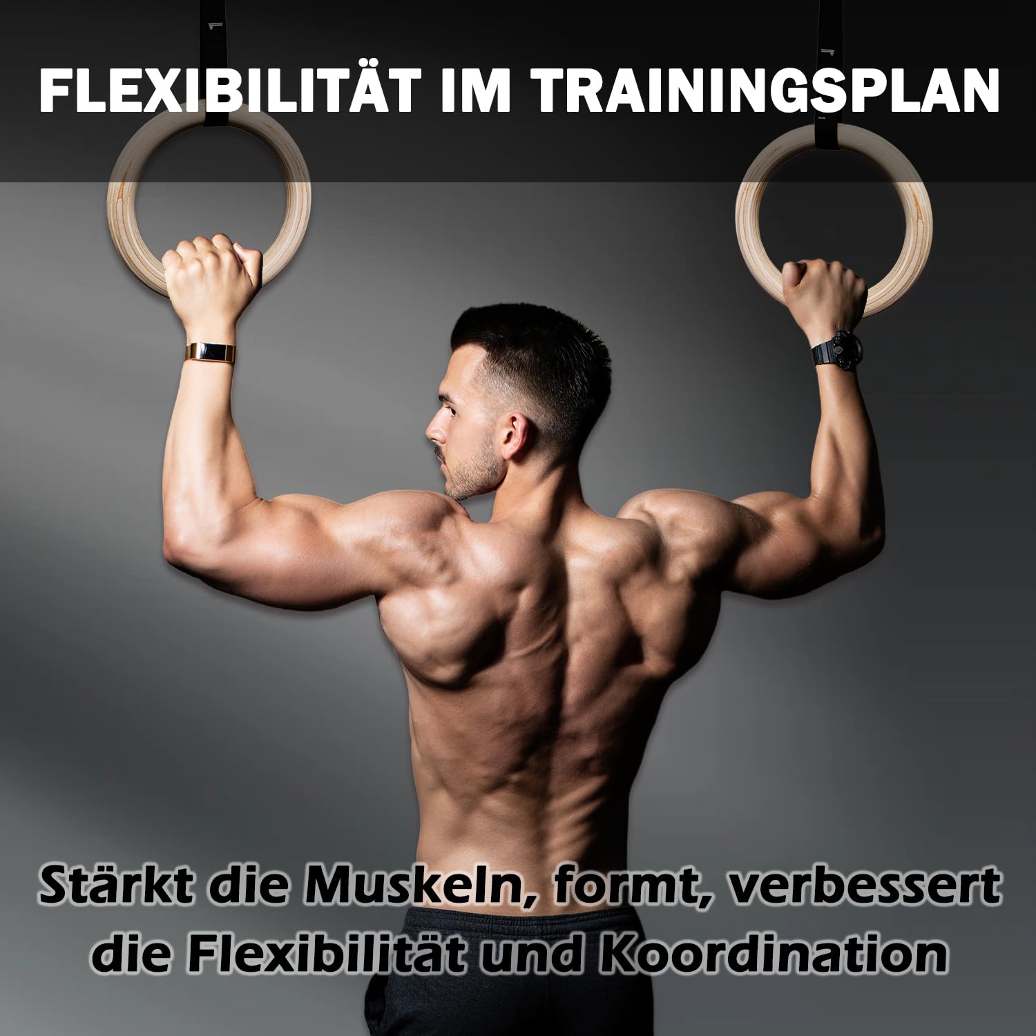 Turnringe Holz Gym Rings, Gymnastikringe mit Verstellbaren Buckle Straps und Markierungen aus Metall, Calisthenics Ringe für Erwachsene Kinder Indoor Outdoor