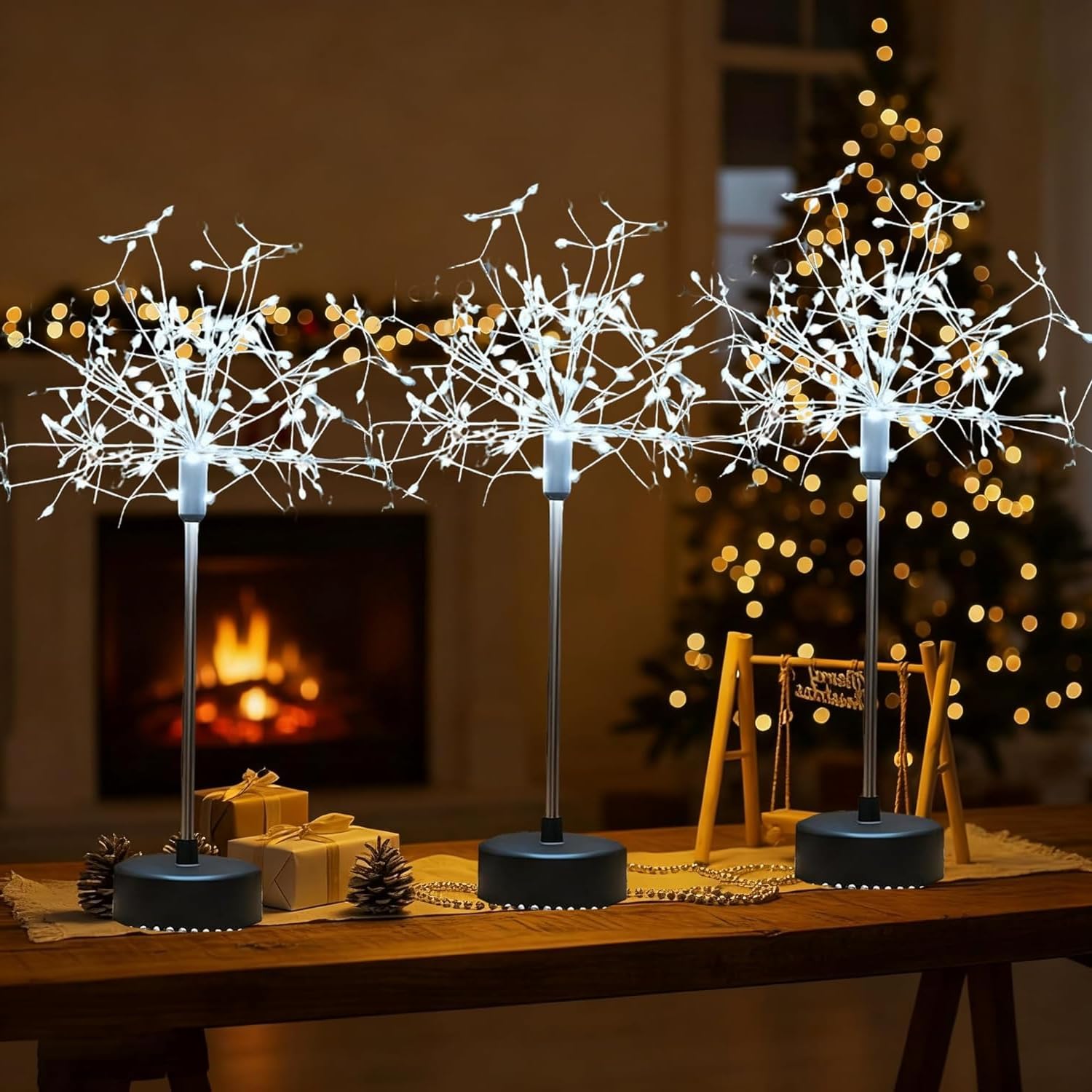 Nest and Flowers Table Lights Fireworks, Mini Table Dandelion LED Lamp, Firework Centerpiece Lights for Christmas Decoration, Indoor Home Holiday Tables Night Light Decor Gifts (White,3PC)