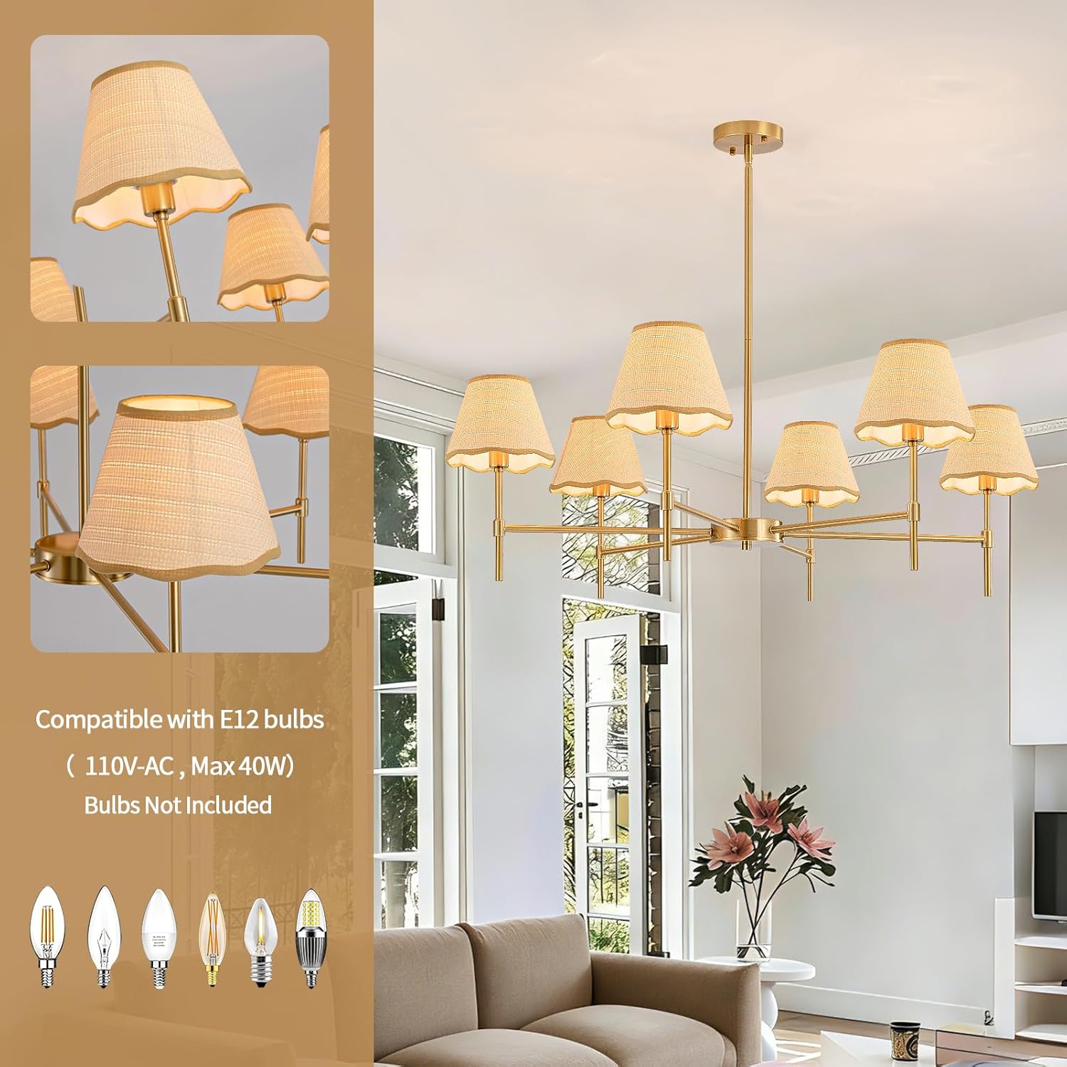 T&A TALENT AND ART 6-Light Rattan Chandelier 38.98" Brush Gold Chandelier Large Boho Farmhouse Wicker Chandeliers with Hand-Woven Lampshade for Kitchen Island Dining Living Room Foyer