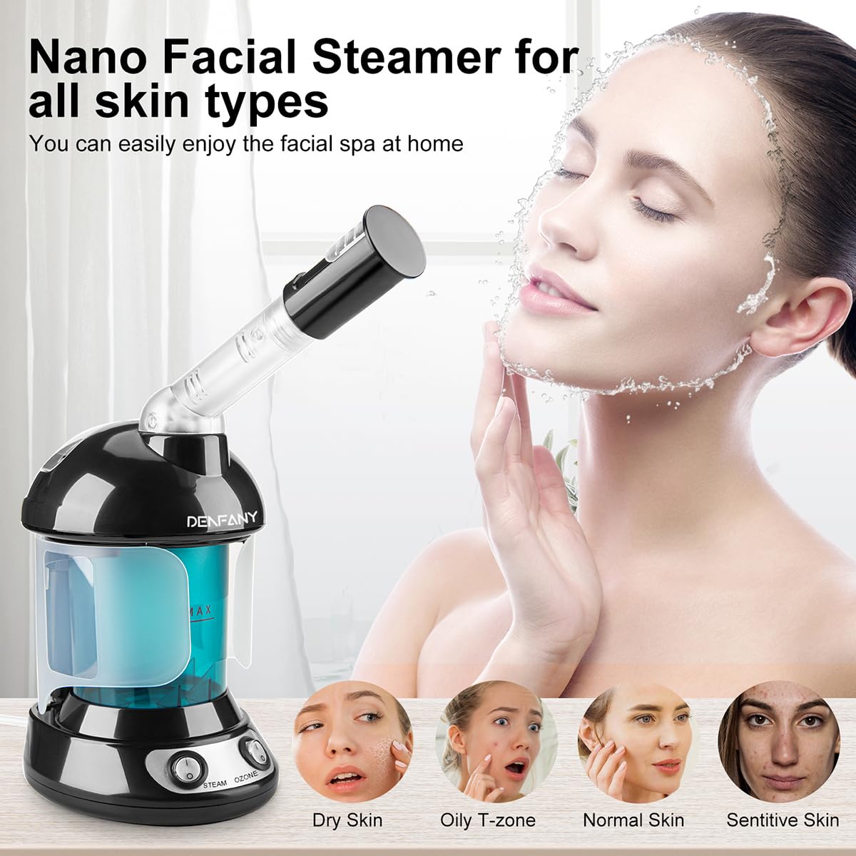 Facial Steamer - DENFANY Nano Ionic Face Steamer with Extendable 360° Rotating Arm - Portable Facial Steamer for Personal Care at Home or Salon (): Black