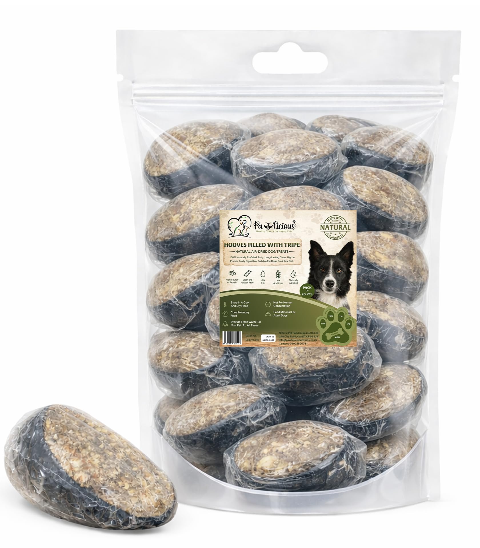 Pawlicious Beef Hooves Filled with Tripe for Dogs 20 pieces, Air-Dried Long-Lasting Natural Dog Chews, Dental Health Treat for Medium to Large Dogs, Pack of 20