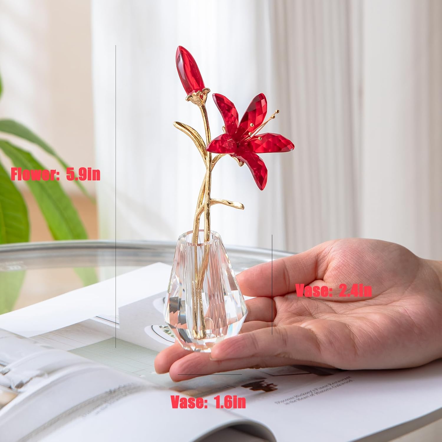 Crystal Lily Artificial Flower Decor Figurine with Vase,Crystal Vase for Flower ，Sunshine Catcher, Home Decor Ornament，Suitable for Bedroom and Living Room Decoration（red-with Gift Box）