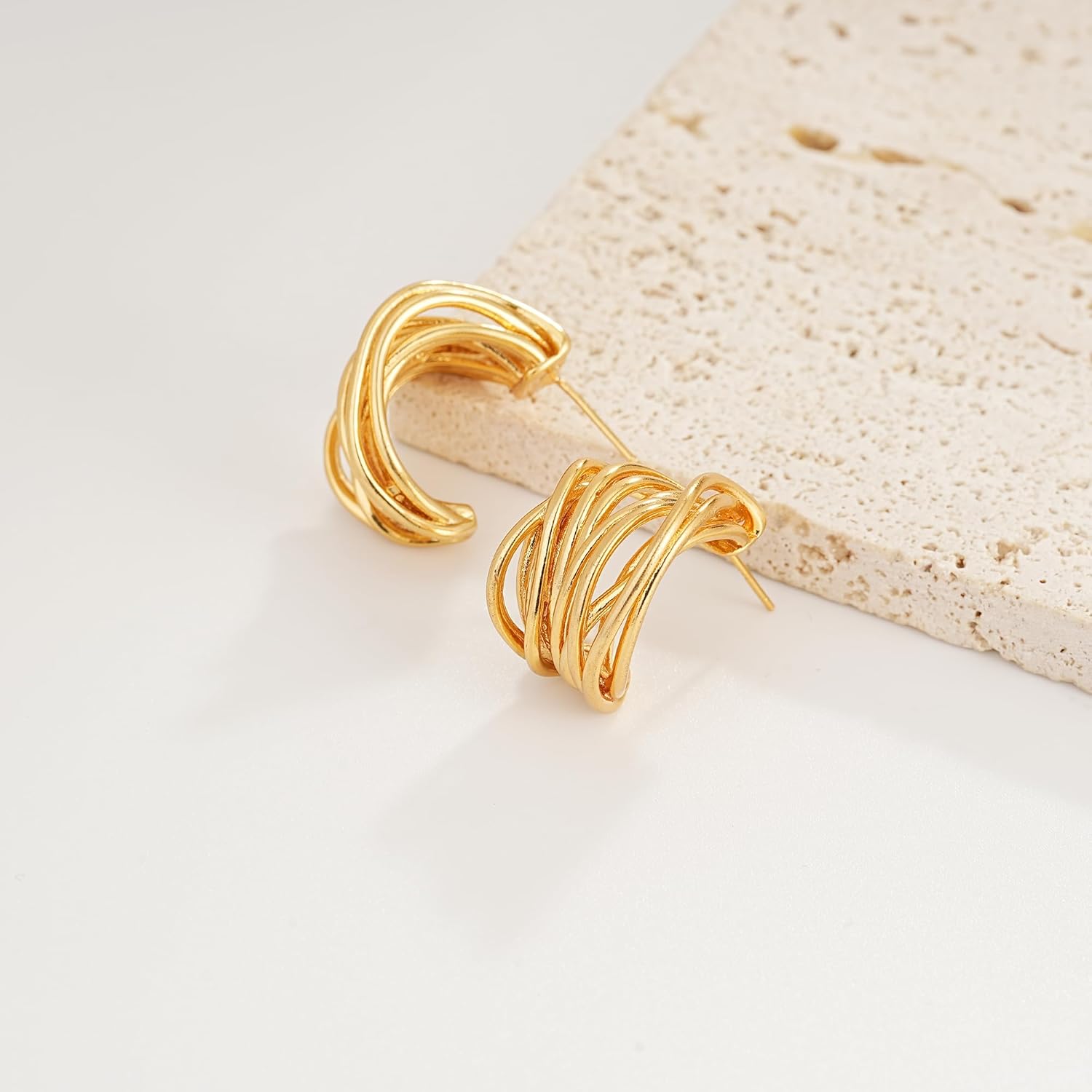 Chunky Gold Earrings 14K Gold Plated Statement Earrings for Women Trendy Hypoallergenic Textured Hoop Ribbed Huggie Earrings - Image 7