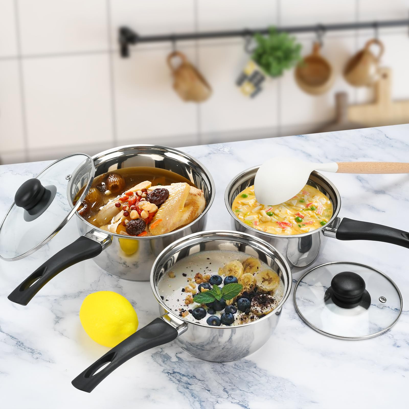 Zestaw garnków ze stali nierdzewnej, 3 Qt, srebrny, potrójne dno, z pokrywkami, 1QT, 2QT, 3QT, przezroczyste pokrywki, kompatybilny z kuchenką gazową i elektryczną