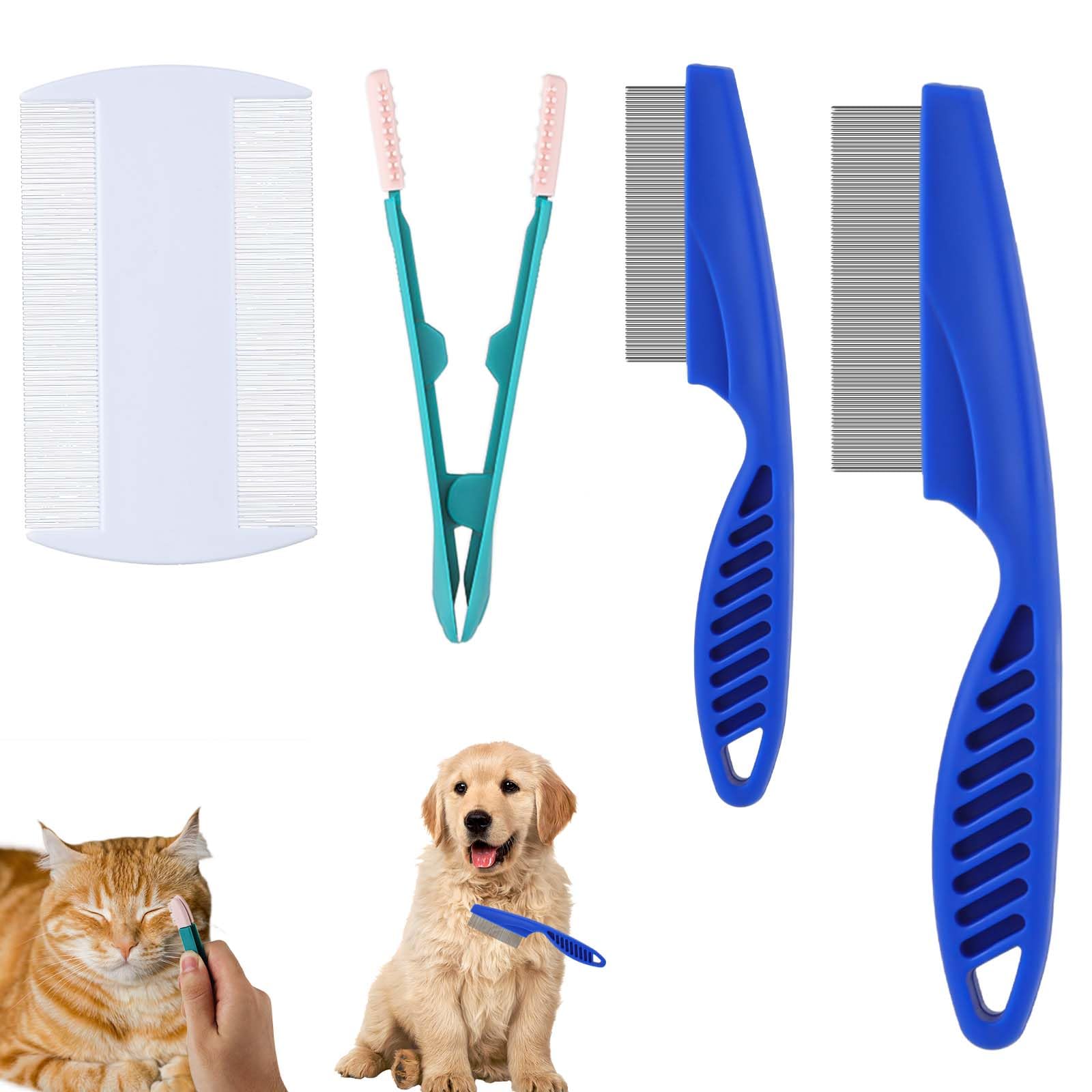 4uds Peine Antipulgas para Perros Gatos, Dientes Finos Peine Piojos Eliminación Manchas Lágrimas Plástico Acero Inoxidable Limpieza Mágica Cabello Mascotas Herramientas Aseo Cepillo(Azul)