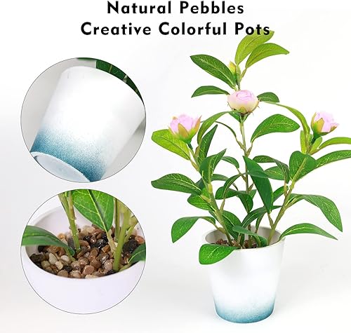 Miniatura 6 de Zuvas Plantas falsas pequeñas flores artificiales en maceta, camelia rosa seda en maceta, mini plantas sintéticas, decoración de vegetación para el