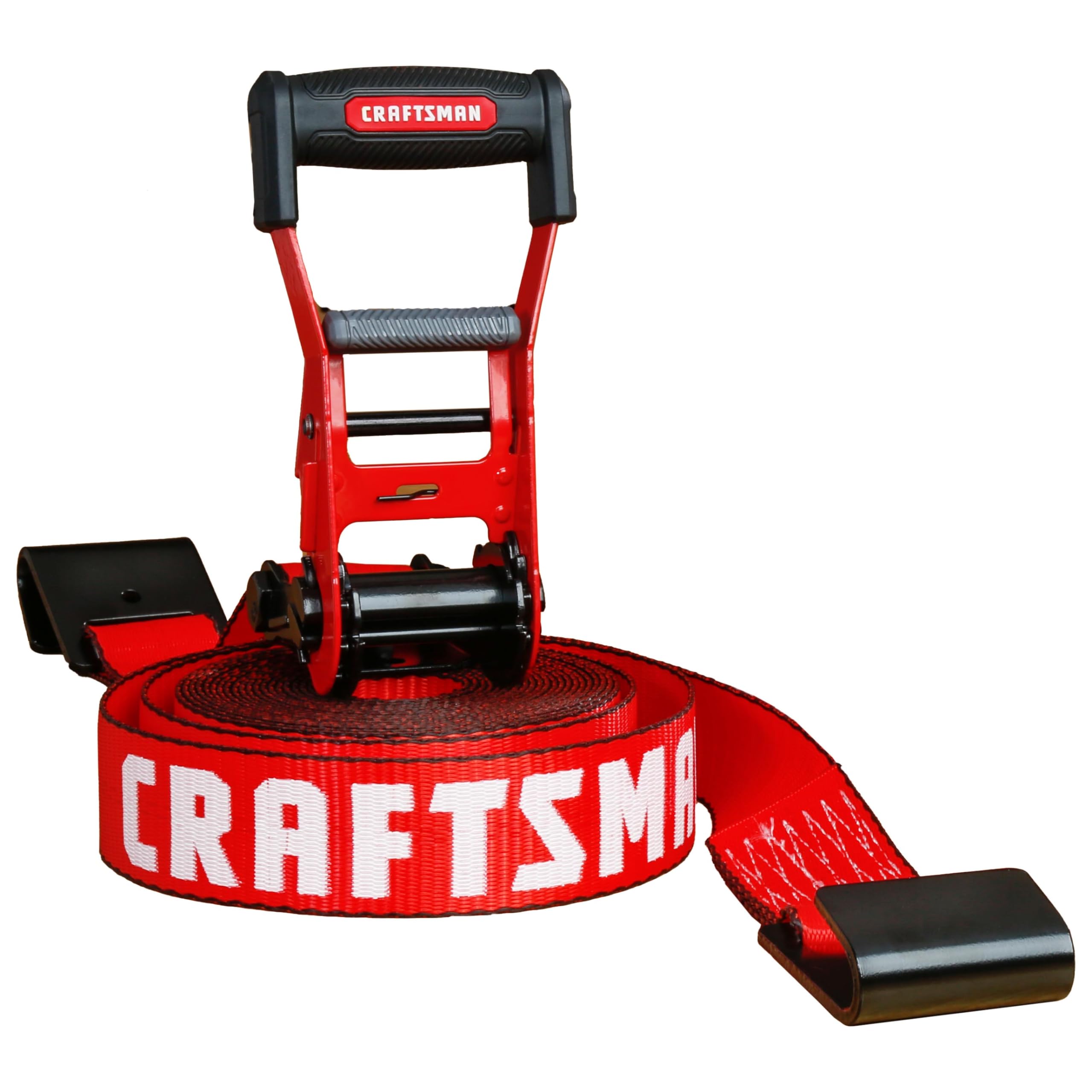 CRAFTSMAN CMXAZBS10000F Sangle d'arrimage à cliquet de 5,1 cm x 8,6 m avec Crochet Plat – Robuste/résistante à la Rupture de 4,5 kg, Noir/Rouge