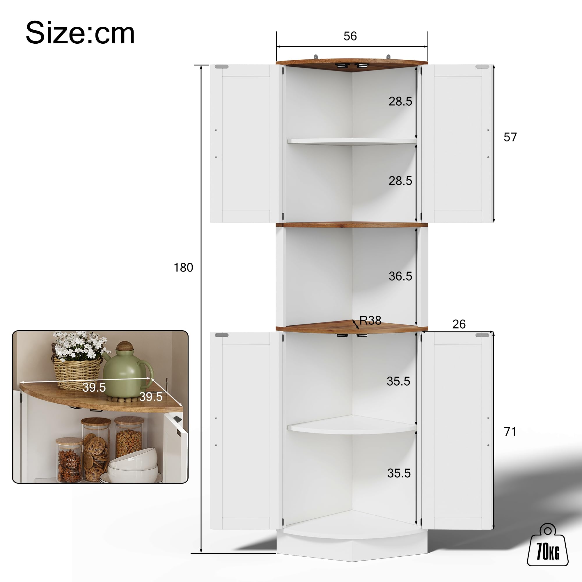 Merax Eckschrank, 180cm Küchenschrank Hoch, Eckregal mit 4 Türen und 5 Ablageflächen, Badezimmerschrank Schmal, Aufbewahrungsschrank Holz, Hochschrank für Küche, Wohnzimmer, Esszimmer, Weiß