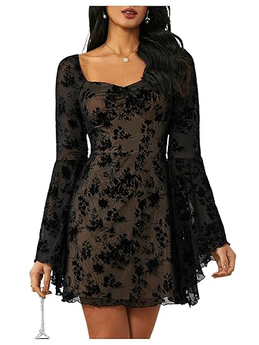 WDIRARA Women's Floral Jacquard Mesh Gothic Dress Bell Long Sleeve A Line Vintage Dresses - Small - Black