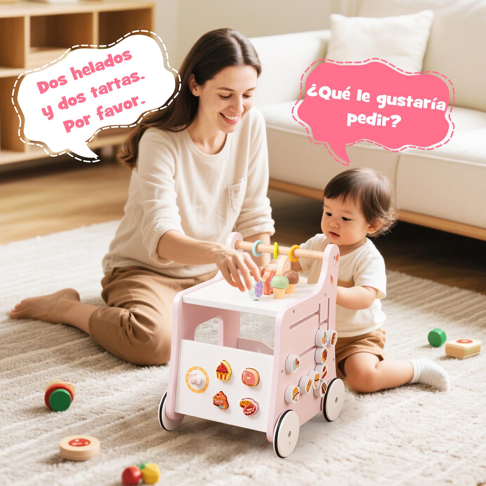 GOPLUS Andador de Madera 2 en 1 para Bebés, Juguete de Empujar Montessori, Carrito de Helados con Accesorios Interactivos, Ruedas Antideslizantes, Centro de Actividades para 1+ Años (Rosa)