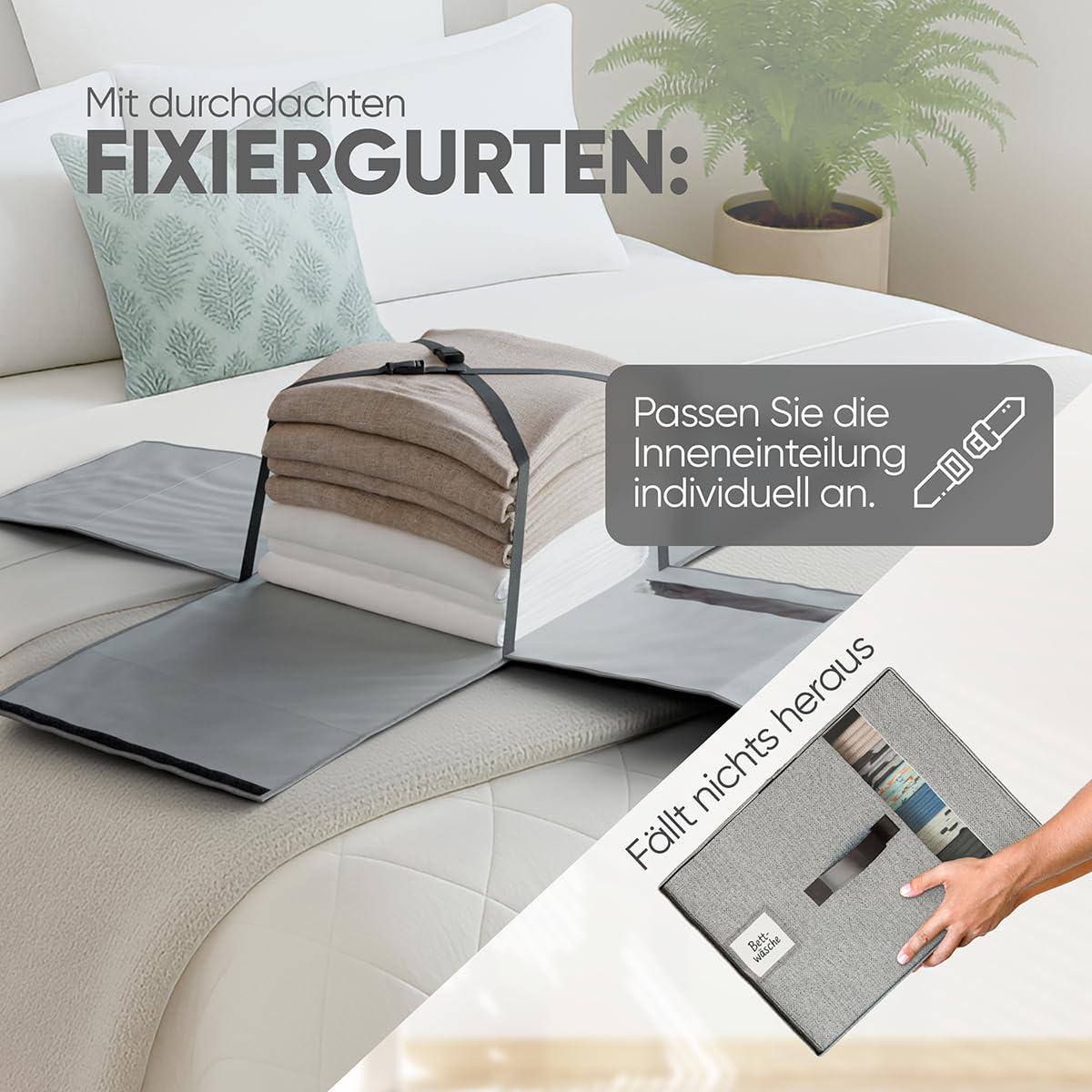 Björn&Schiller Aufbewahrungstasche, 6 Stück Kleideraufbewahrung und Organisation, Kleidung Aufbewahrung, Kleiderboxen Aufbewahrung, 39×36×26 cm, 37L, Leinen, grau, faltbar, mit Sichtfenster & Gurten