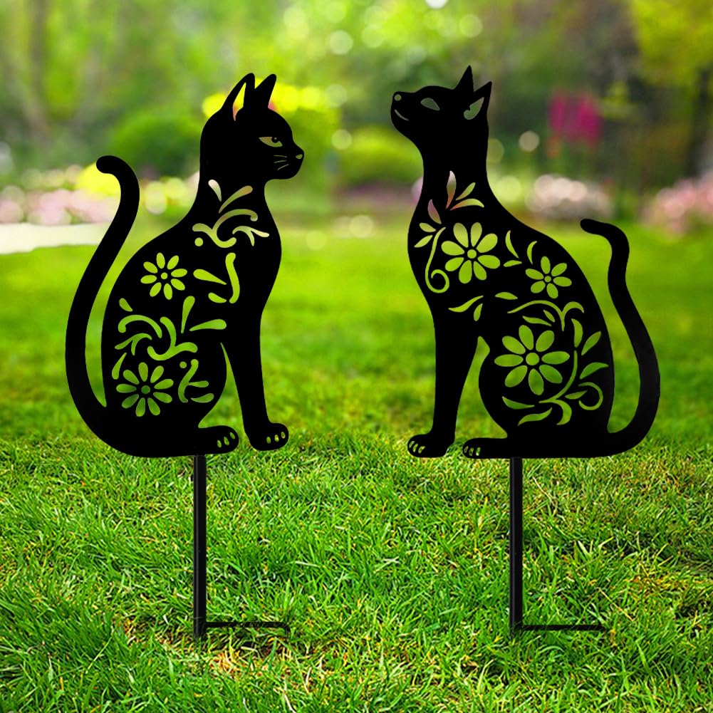 dreamskip Cat Garden Decor for Outside, Black Cat Metal Decorative Garden Stakes for Yard Art, Patio, Outdoor Decor, Garden Decorations, Lawn Ornaments, Unique Gifts for Cats Lovers (2 Pack)