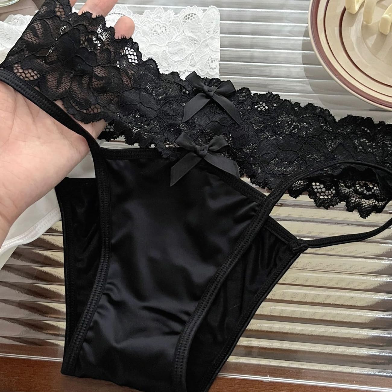 Satin Lace Trim Panties for Women Sexy High Waisted G String Bikini Underwear Seamless Briefs Luxury Hipster