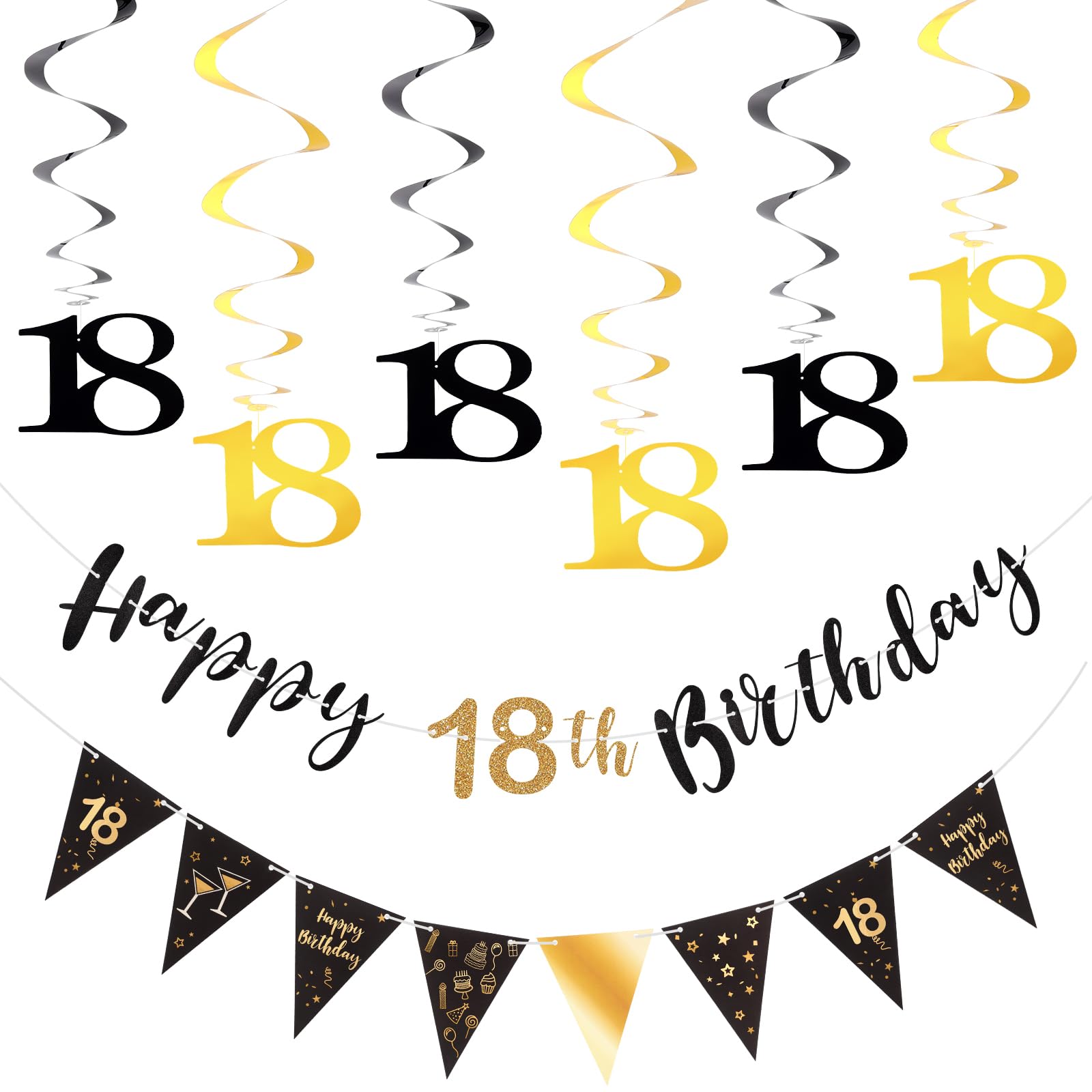 18th Birthday Decoration Set, Happy Birthday Banner with Triangle Flag Banner, Bunting Swirls Streamers For Women Men Birthday Party Supplies (Black