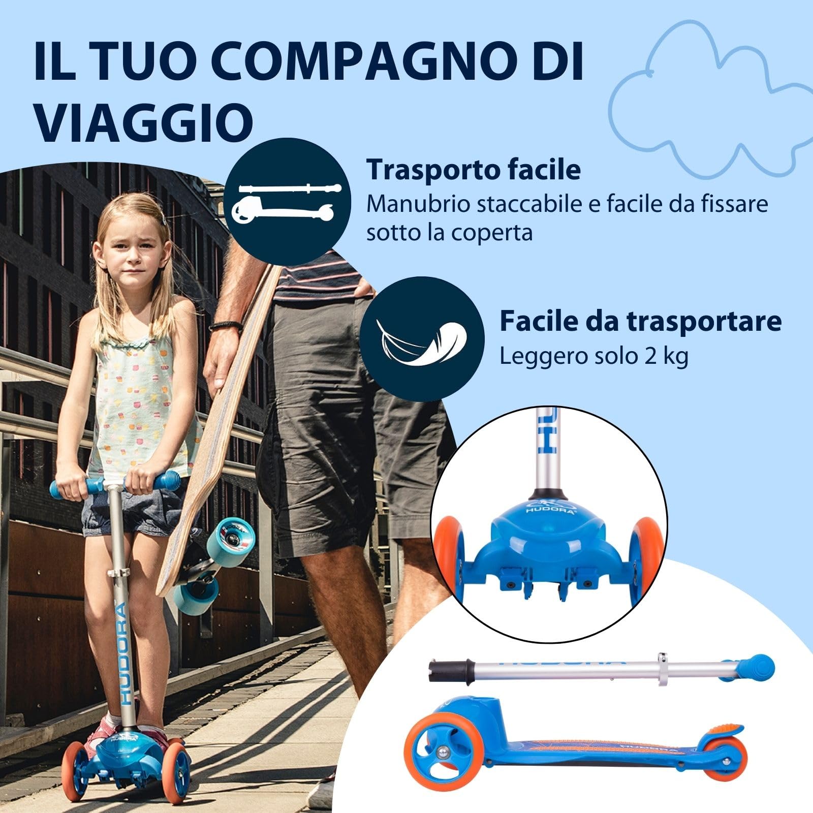 HUDORA Monopattino Flitzkids 2.0 I Monopattino per bambini stabile con pedana grande I Monopattino mini a tre ruote regolabile e trasportabile, peso fino a 50kg I In alluminio per bambini