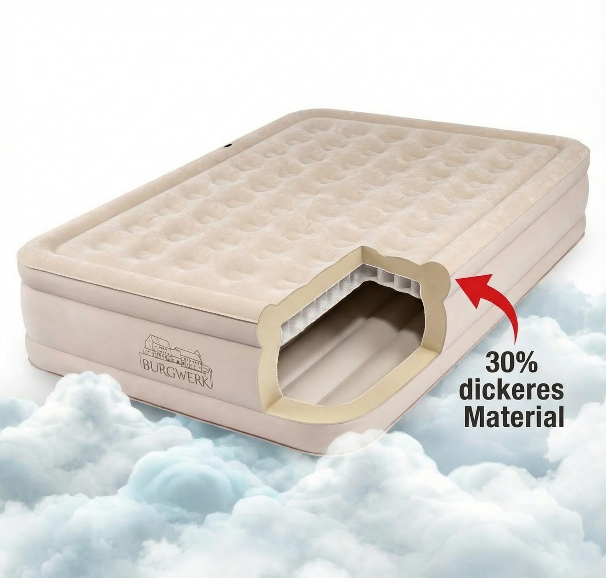 Burgwerk Luftbett für 2 Personen | Edles Gästebett & Campingbett | Aufblasbare Matratze mit Elektropumpe 150x200 | Selbstaufblasende Luftmatratze