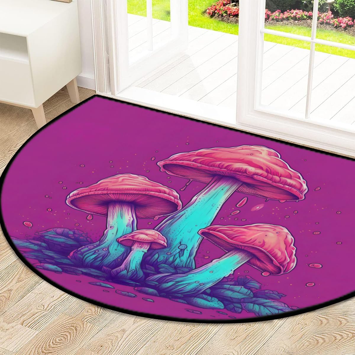 Mexpekil Paillasson demi-lune motif champignon rose fluo pour intérieur et extérieur - Demi-cercle - Tapis de sol absorbant la saleté - Demi-rond - 100 x 160 cm