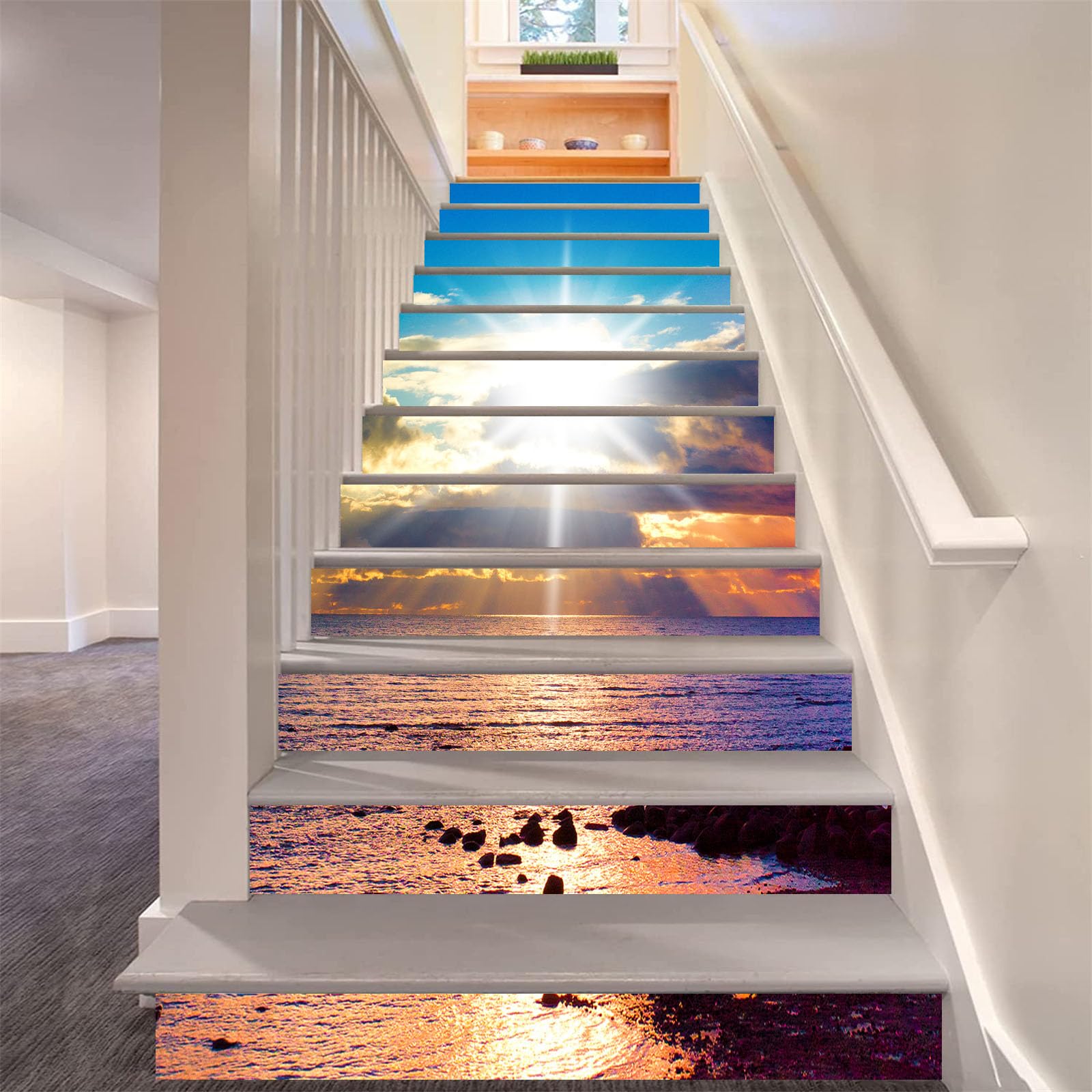 FLFK 15pcs Stair Risers Stickers Peel and Stick - Magnifique lever de soleil sur la mer Autocollants pour escaliers Décalcomanies pour marches d'escaliers Décoration intérieure 39.37 "x7.09"