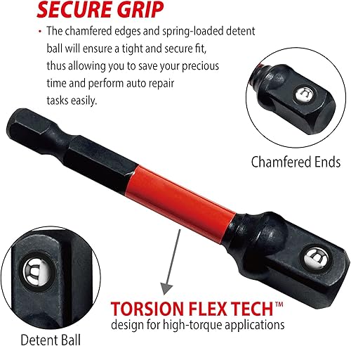 Miniatura 6 de Big Red Power Srill Juego de adaptadores de zócalo, 3 piezas de 14 pulgadas, 38 pulgadas, 12 pulgadas, extensión de broca de vástago hexagonal de