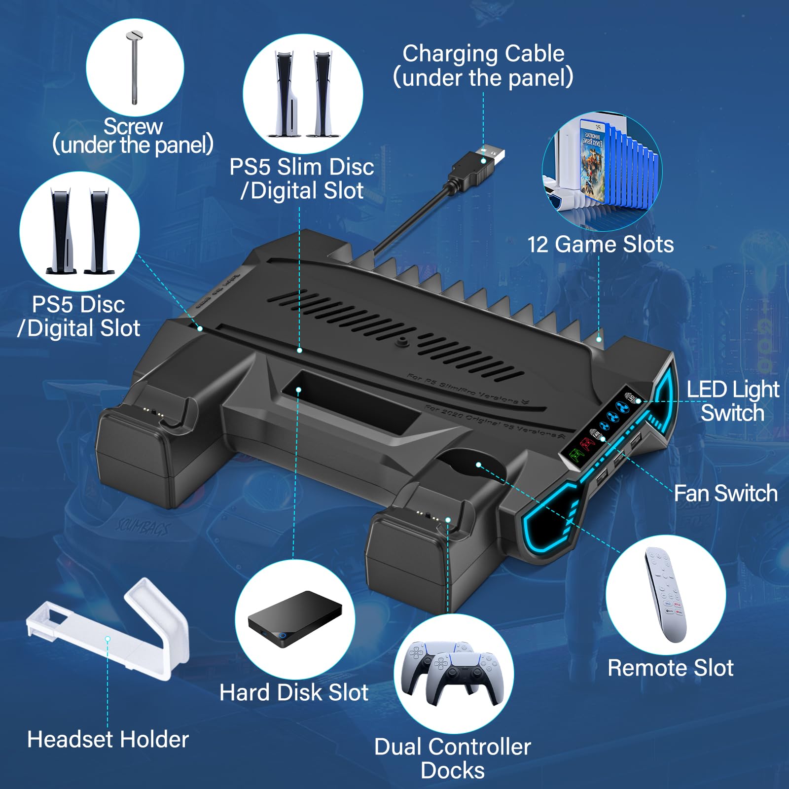 Stazione di raffreddamento PS5/Slim/Pro con stazione di ricarica controller per console Playstation 5 - Supporto RGB PS5 con caricabatterie controller, kit di accessori per supporto di