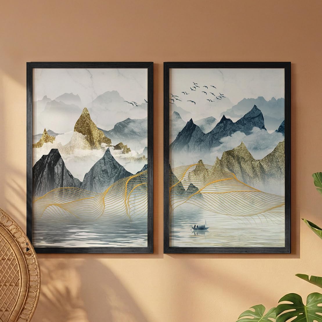NoWorries Abstract Wall Paintings for Living Room | Modern Framed Art Paintings for Home Decoration | Multicolor Framed Posters for Wall Decor (14 x 18 inches) Set of 2