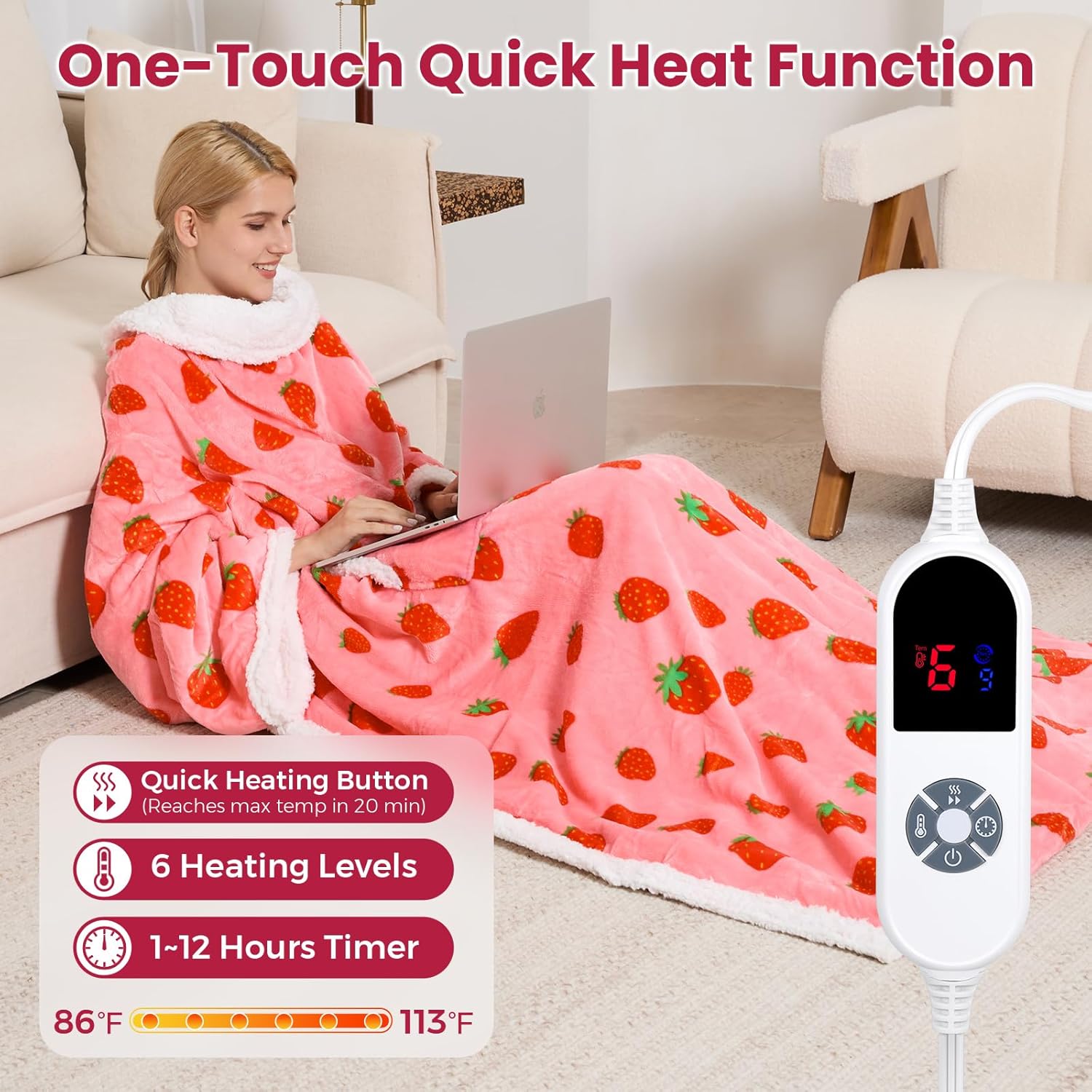 Wearable Heated Blanket for Women, Unique Christmas Birthday Gift for Wife, Electric Throw Blanket with Sleeves, Foot Pocket, Heated Robe for Mom, 3 Heat-Level & Timer, ETL Safe, Strawberry Red
