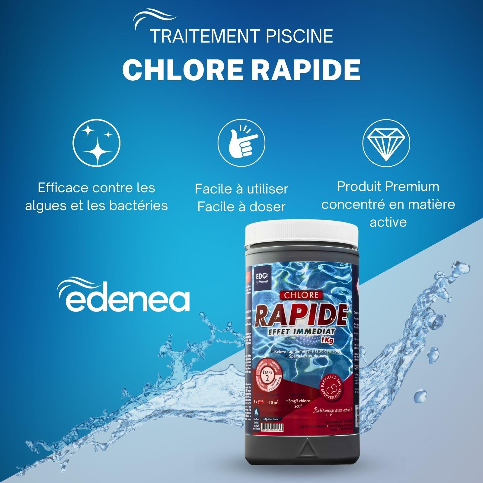 EDENEA - Chlore Rapide Piscine - Chlore Choc - Spécial Eaux Vertes - Boite 1kg - Pastilles 20g - Effet Immediat - EDG