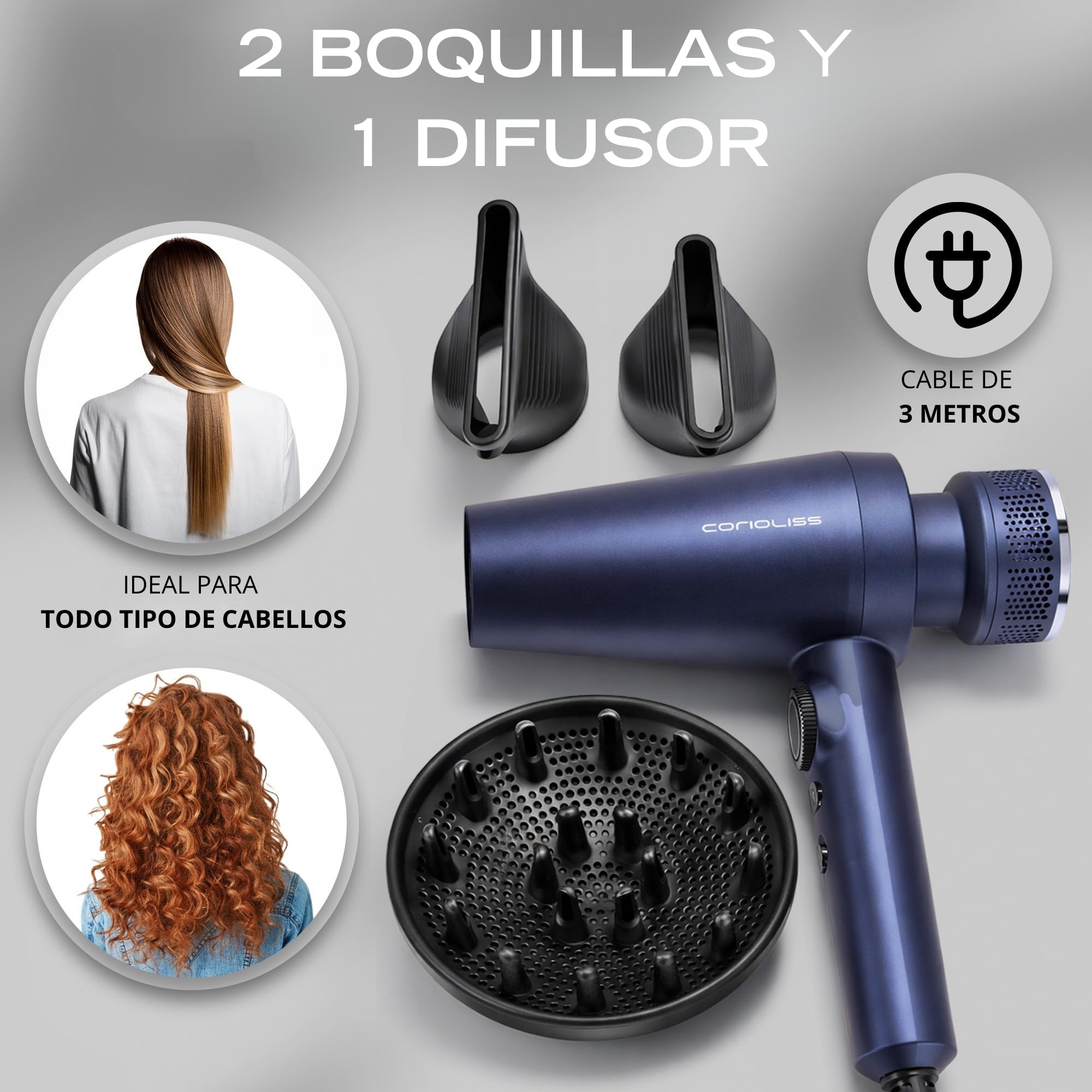 Corioliss Mistral Secador de Pelo Profesional 2000W, Potente, Ligero y Silencioso, Motor BLDC Iónico Antiencrespamiento con Difusor y 2 Boquillas
